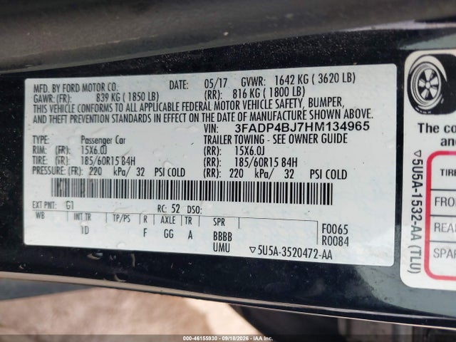 2017 Ford Fiesta Se მანქანა იყიდება აუქციონზე, vin: 3FADP4BJ7HM134965, აუქციონის ნომერი: 46155930
