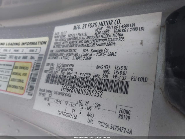 Продажа на аукционе авто 2017 Ford Mustang Ecoboost, vin: 1FA6P8TH6H5305352, номер лота: 46155931