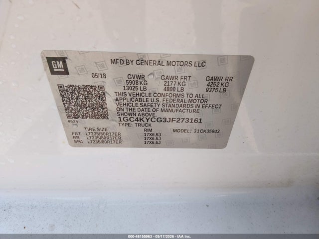 Продаж на аукціоні авто 2018 Chevrolet Silverado 3500hd Wt, vin: 1GC4KYCG3JF273161, номер лоту: 46155963