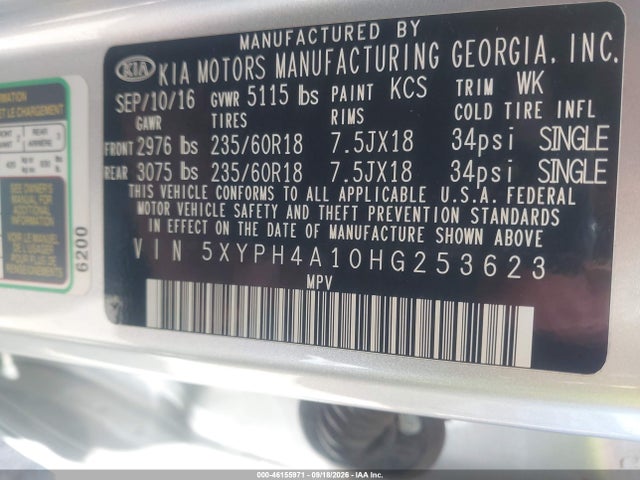 46155971 :رقم المزاد ، 5XYPH4A10HG253623 vin ، 2017 Kia Sorento 2.0t Ex مزاد بيع