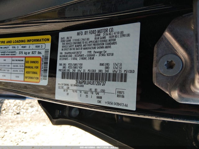 46155984 :رقم المزاد ، 3FA6P0LU4LR120737 vin ، 2020 Ford Fusion Hybrid Se مزاد بيع