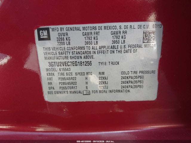 Aukcja sprzedaży 2014 Gmc Sierra 1500 Slt, vin: 3GTU2VEC7EG181256, numer aukcji: 46155990