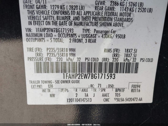 2011 Ford Taurus Sel მანქანა იყიდება აუქციონზე, vin: 1FAHP2EW7BG171593, აუქციონის ნომერი: 46155998