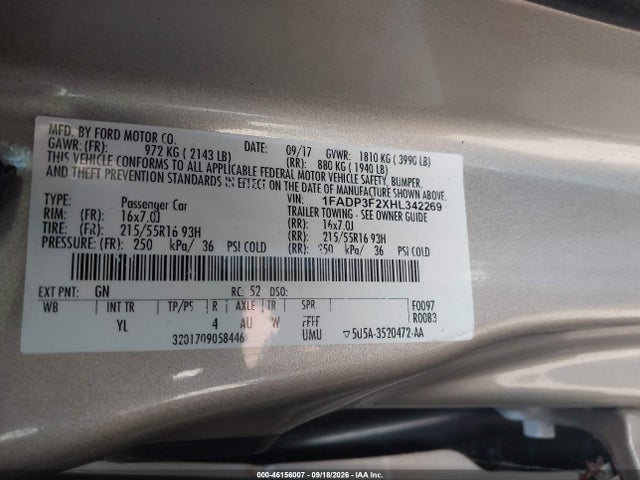 2017 Ford Focus Se მანქანა იყიდება აუქციონზე, vin: 1FADP3F2XHL342269, აუქციონის ნომერი: 46156007
