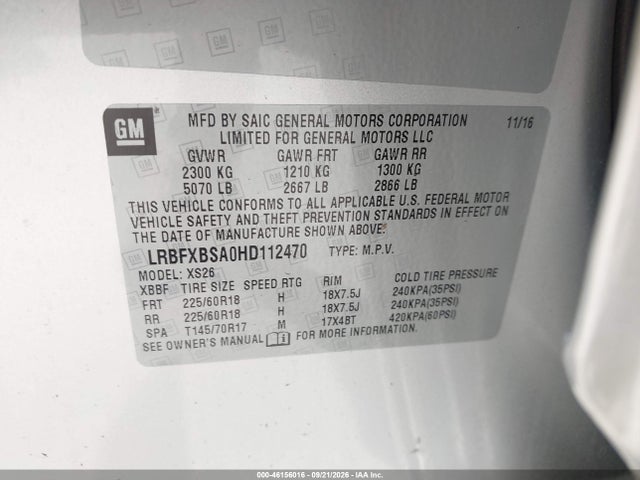 46156016 :رقم المزاد ، LRBFXBSA0HD112470 vin ، 2017 Buick Envision Essence مزاد بيع