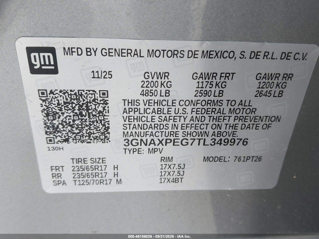 Продажа на аукционе авто 2026 Chevrolet Equinox Awd Lt, vin: 3GNAXPEG7TL349976, номер лота: 46156026