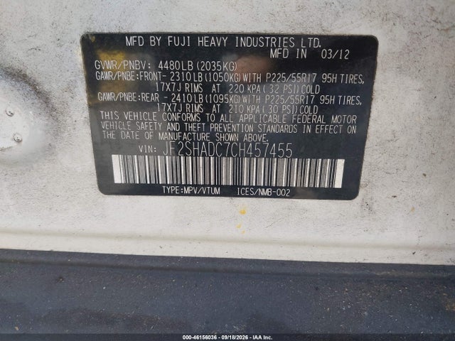 Продажа на аукционе авто 2012 Subaru Forester 2.5x Premium, vin: JF2SHADC7CH457455, номер лота: 46156036