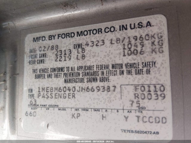 Продаж на аукціоні авто 1988 Mercury Cougar Ls, vin: 1MEBM6040JH669387, номер лоту: 46156048