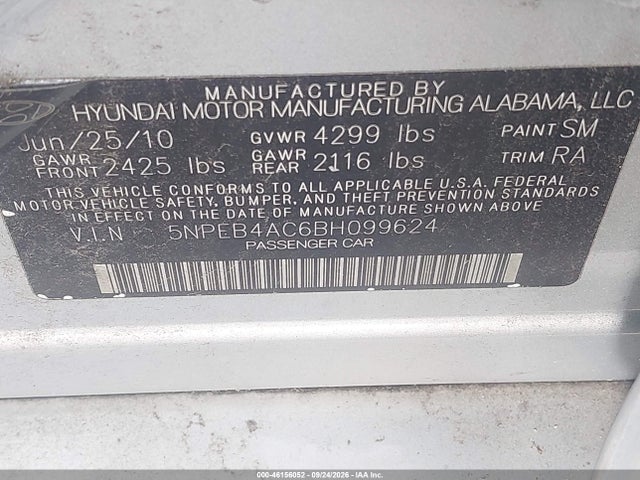 2011 Hyundai Sonata Gls მანქანა იყიდება აუქციონზე, vin: 5NPEB4AC6BH099624, აუქციონის ნომერი: 46156052