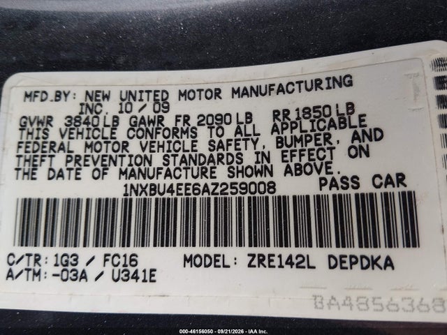 46156050 :رقم المزاد ، 1NXBU4EE6AZ259008 vin ، 2010 Toyota Corolla Le مزاد بيع
