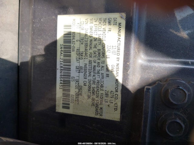 46156054 :رقم المزاد ، 1N4AL21E88N464451 vin ، 2008 Nissan Altima 2.5 Sl مزاد بيع