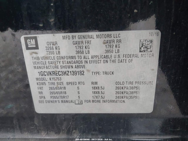 Продажа на аукционе авто 2017 Chevrolet Silverado 1500 2lt, vin: 1GCVKREC3HZ139182, номер лота: 46156066