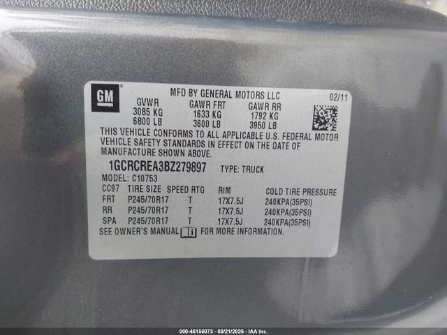 Auction sale of the 2011 Chevrolet Silverado 1500 Ls, vin: 1GCRCREA3BZ279897, lot number: 46156073