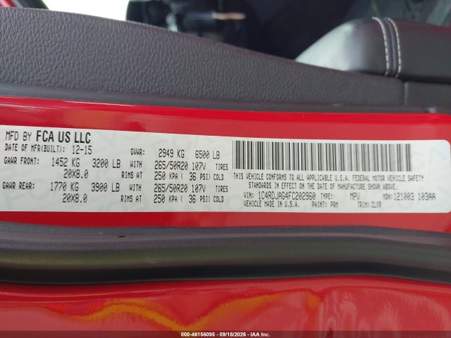 46156095 :رقم المزاد ، 1C4RDJAG4FC202960 vin ، 2015 Dodge Durango Sxt مزاد بيع