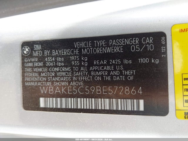 2011 Bmw 328i მანქანა იყიდება აუქციონზე, vin: WBAKE5C59BE572864, აუქციონის ნომერი: 46156097