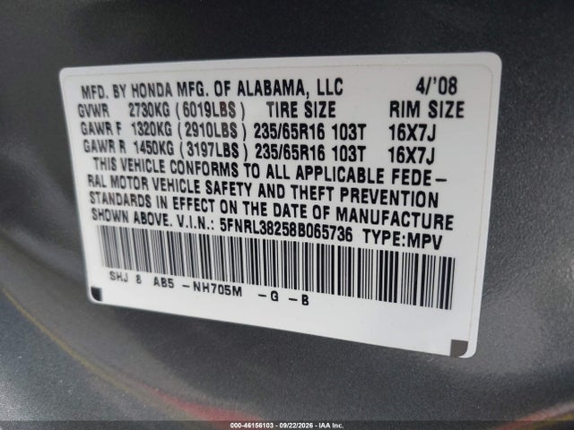 Aukcja sprzedaży 2008 Honda Odyssey Lx, vin: 5FNRL38258B065736, numer aukcji: 46156103