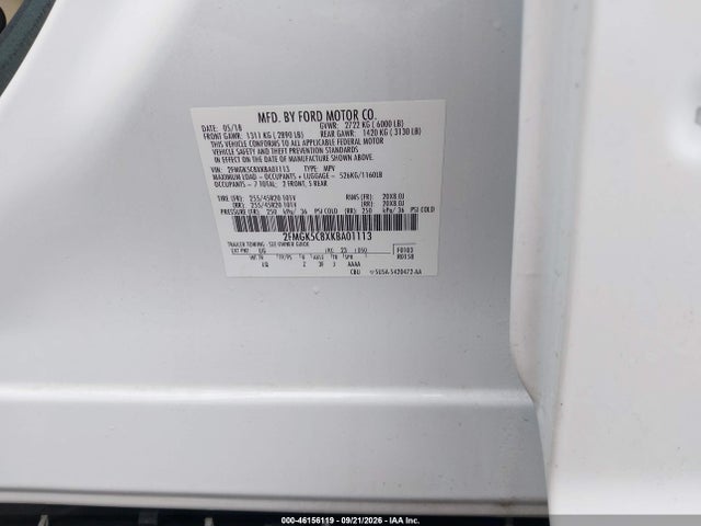 46156119 :رقم المزاد ، 2FMGK5C8XKBA01113 vin ، 2019 Ford Flex Sel مزاد بيع
