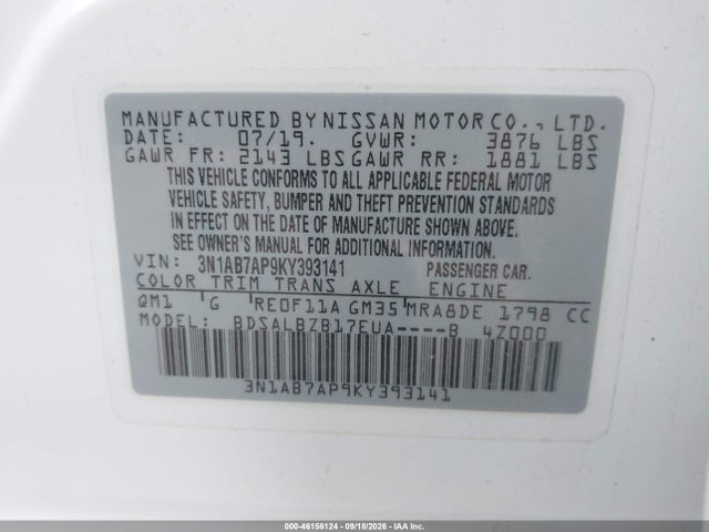 2019 Nissan Sentra S მანქანა იყიდება აუქციონზე, vin: 3N1AB7AP9KY393141, აუქციონის ნომერი: 46156124