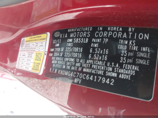 2012 Kia Sedona Lx მანქანა იყიდება აუქციონზე, vin: KNDMG4C70C6417942, აუქციონის ნომერი: 46156135