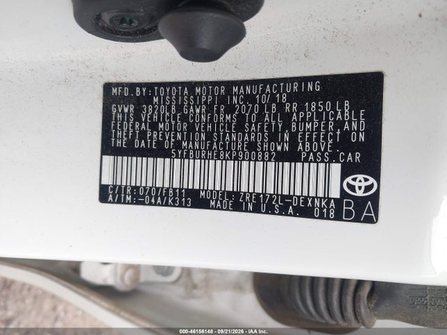 Aukcja sprzedaży 2019 Toyota Corolla Le, vin: 5YFBURHE8KP900882, numer aukcji: 46156148