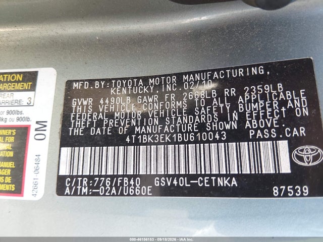 Aukcja sprzedaży 2011 Toyota Camry Le V6, vin: 4T1BK3EK1BU610043, numer aukcji: 46156153
