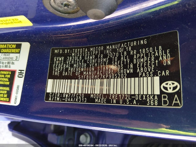 Aukcja sprzedaży 2019 Toyota Corolla Se, vin: 5YFBURHE7KP905202, numer aukcji: 46156164