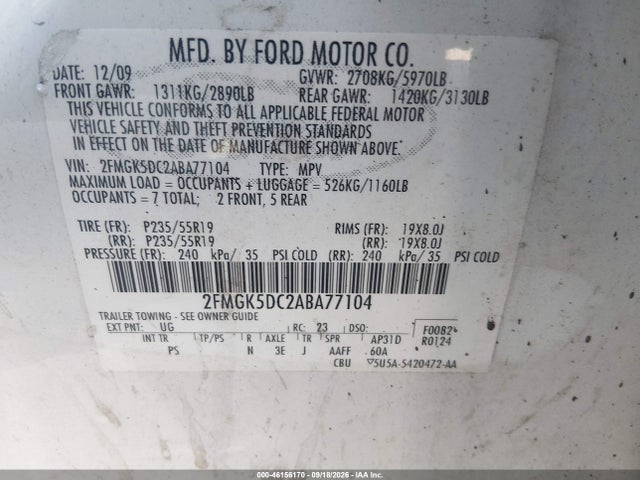 46156170 :رقم المزاد ، 2FMGK5DC2ABA77104 vin ، 2010 Ford Flex Limited مزاد بيع