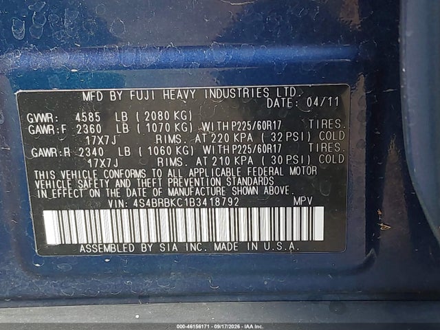 2011 Subaru Outback 2.5i Limited მანქანა იყიდება აუქციონზე, vin: 4S4BRBKC1B3418792, აუქციონის ნომერი: 46156171