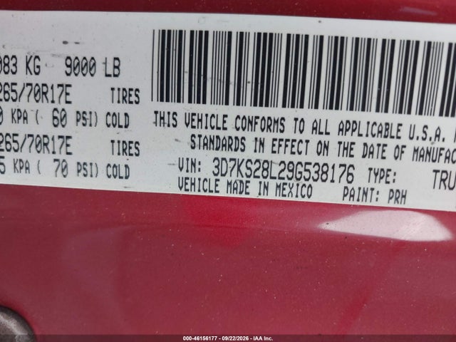 46156177 :رقم المزاد ، 3D7KS28L29G538176 vin ، 2009 Dodge Ram 2500 Slt مزاد بيع
