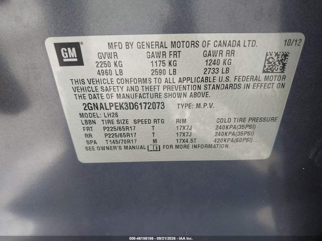Aukcja sprzedaży 2013 Chevrolet Equinox 2lt, vin: 2GNALPEK3D6172073, numer aukcji: 46156186