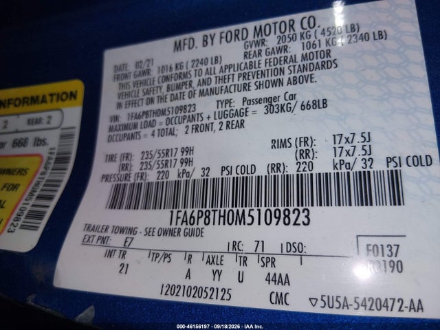 Ford Mustang Ecoboost Fastback 2021 1FA6P8TH0M5109823 Image 9