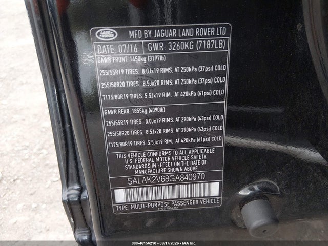Aukcja sprzedaży 2016 Land Rover Lr4, vin: SALAK2V68GA840970, numer aukcji: 46156210