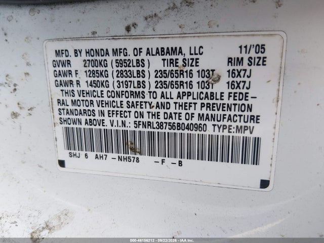 46156212 :رقم المزاد ، 5FNRL38756B040960 vin ، 2006 Honda Odyssey Ex-l مزاد بيع