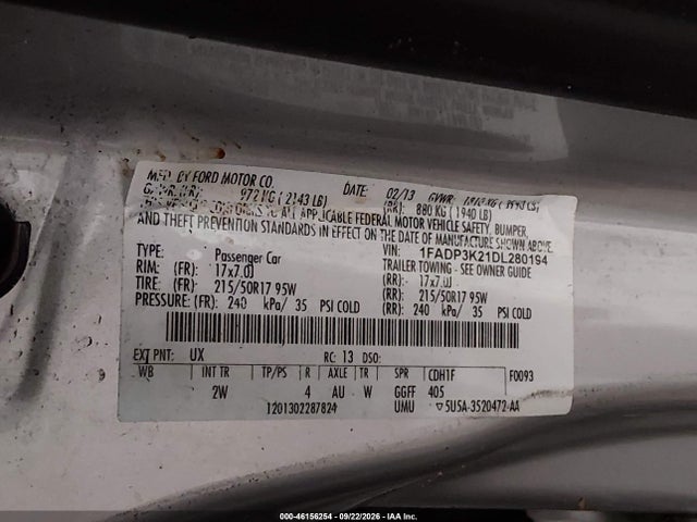 46156254 :رقم المزاد ، 1FADP3K21DL280194 vin ، 2013 Ford Focus Se مزاد بيع