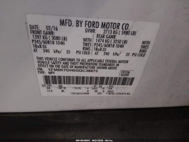 46156261 :رقم المزاد ، 1FM5K7DH0GGC38873 vin ، 2016 Ford Explorer Xlt مزاد بيع