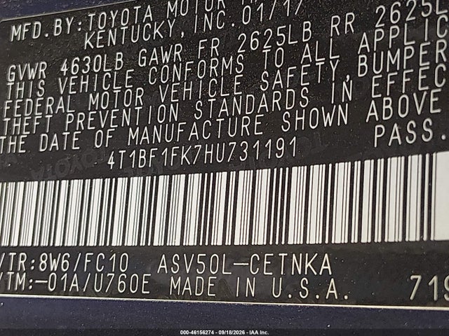46156274 :رقم المزاد ، 4T1BF1FK7HU731191 vin ، 2017 Toyota Camry Le مزاد بيع