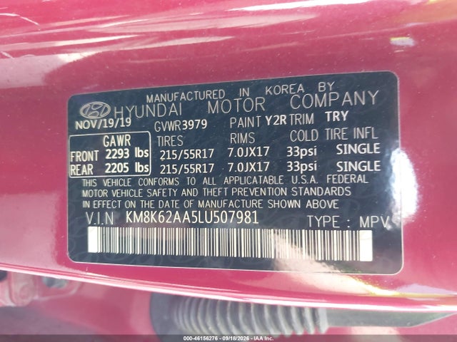 Aukcja sprzedaży 2020 Hyundai Kona Sel Plus, vin: KM8K62AA5LU507981, numer aukcji: 46156276