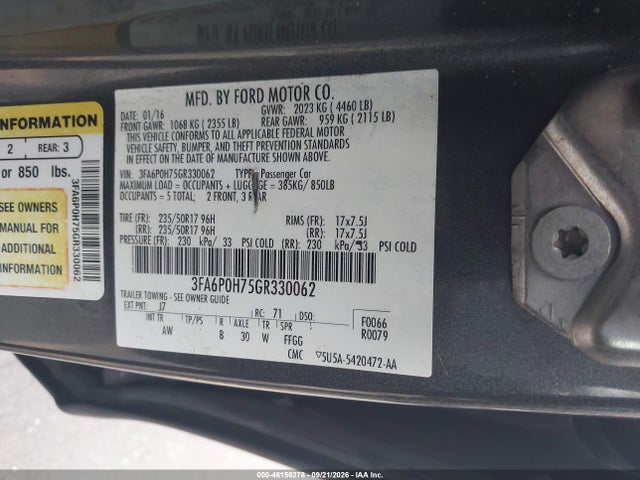 Продажа на аукционе авто 2016 Ford Fusion Se, vin: 3FA6P0H75GR330062, номер лота: 46156278