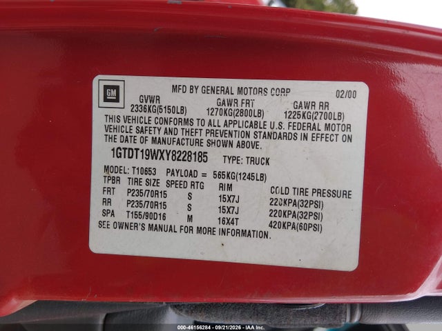 Aukcja sprzedaży 2000 Gmc Sonoma Sls, vin: 1GTDT19WXY8228185, numer aukcji: 46156284