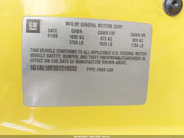 Продаж на аукціоні авто 2008 Chevrolet Cobalt Lt, vin: 1G1AL18F387219332, номер лоту: 46156297