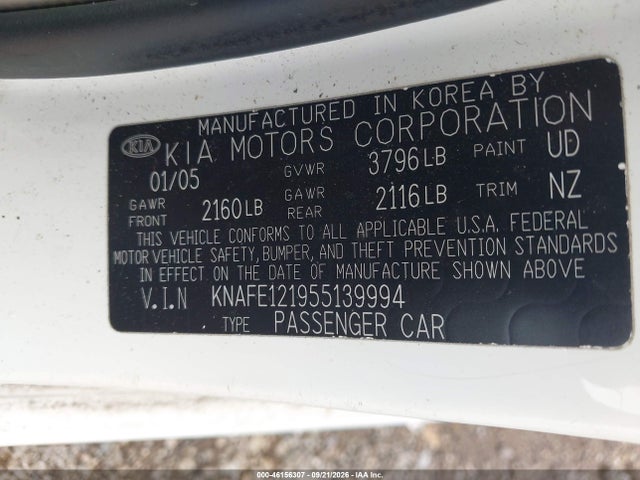 Aukcja sprzedaży 2005 Kia Spectra Ex/lx/sx, vin: KNAFE121955139994, numer aukcji: 46156307