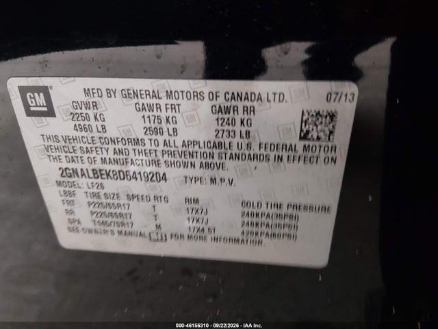 2013 Chevrolet Equinox Ls მანქანა იყიდება აუქციონზე, vin: 2GNALBEK8D6419204, აუქციონის ნომერი: 46156310