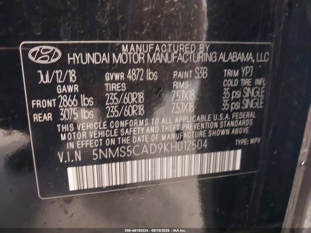 5NMS5CAD9KH012504 Hyundai Santa Fe Limited