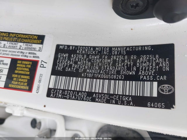 Auction sale of the 2016 Toyota Camry Xle, vin: 4T1BF1FK0GU508263, lot number: 46156333