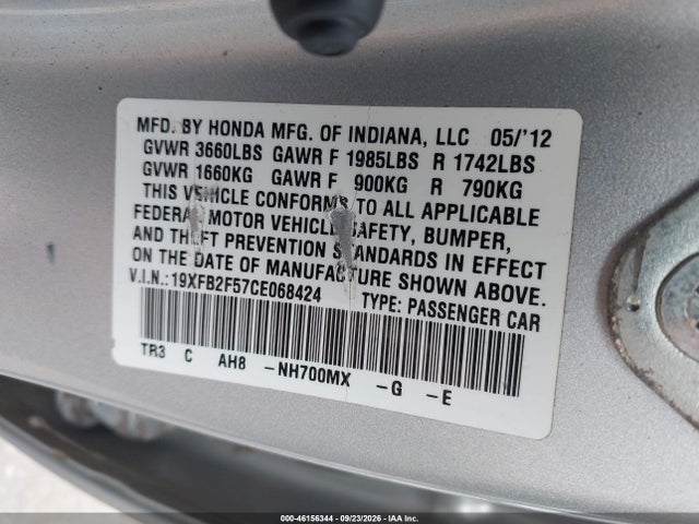 Продажа на аукционе авто 2012 Honda Civic Lx, vin: 19XFB2F57CE068424, номер лота: 46156344