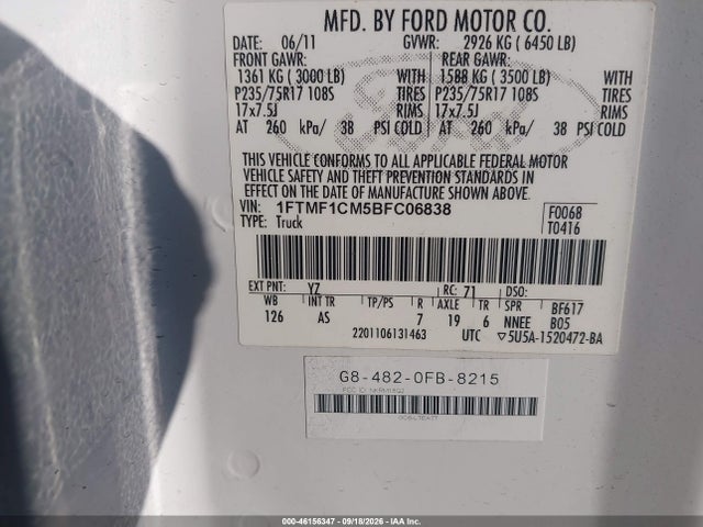 46156347 :رقم المزاد ، 1FTMF1CM5BFC06838 vin ، 2011 Ford F-150 Xl مزاد بيع