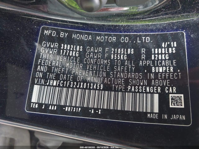 Aukcja sprzedaży 2018 Honda Civic Ex-t, vin: JHMFC1F32JX013459, numer aukcji: 46156355