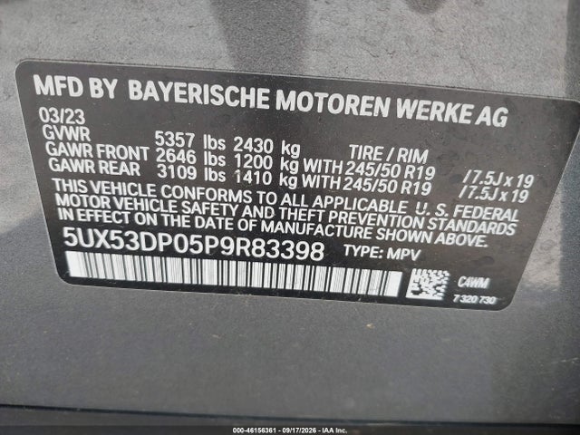 2023 Bmw X3 Xdrive30i მანქანა იყიდება აუქციონზე, vin: 5UX53DP05P9R83398, აუქციონის ნომერი: 46156361