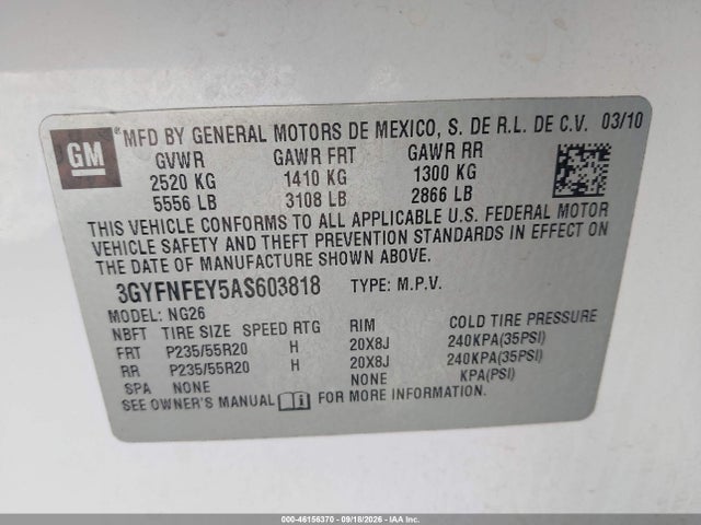 46156370 :رقم المزاد ، 3GYFNFEY5AS603818 vin ، 2010 Cadillac Srx Premium Collection مزاد بيع