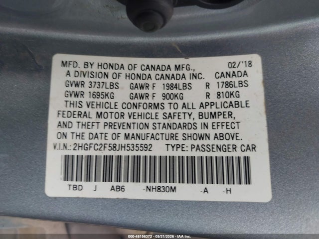 46156372 :رقم المزاد ، 2HGFC2F58JH535592 vin ، 2018 Honda Civic Lx مزاد بيع
